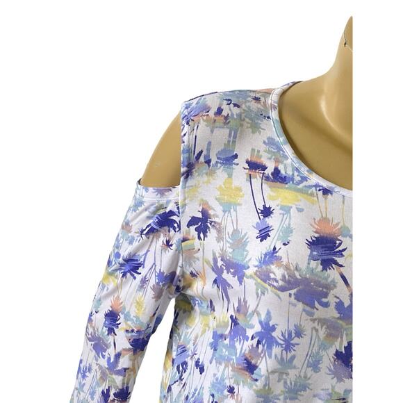 PALM GROVE Womens Size Large Tropical Palm Tree 3/4 Sleeve Cold Shoulder Shirt - Picture 5 of 6